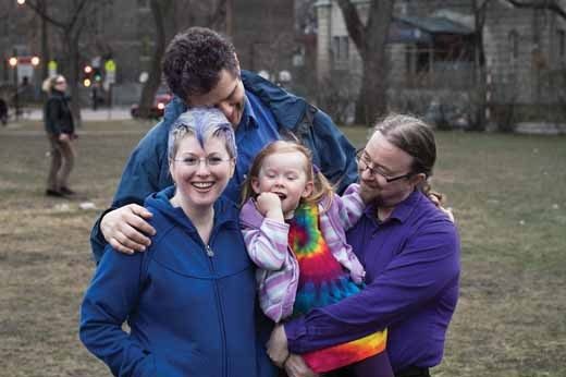 "Blue" Joyce, John Bashinski, Kaia Baird and Warren Baird at a park near their Montreal home. Photo by Neal Rockwell