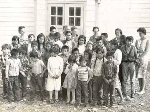 93.049P/792N, Teacher and class, Morley Indian Res School, circa 1930; United Church of Canada Archives.