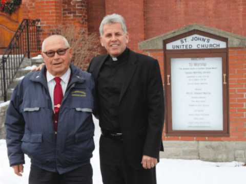 Retired fire chief Jim Grant (left) and minister Edward Murray helped launch a PTSD retreat at St. John’s United in Cardinal, Ont. Photo by Joe Martelle