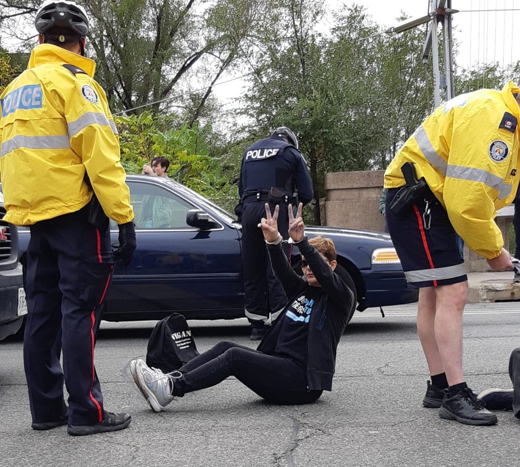 A demonstrator who was arrested flashes peace signs. (Photo: Aleysha Haniff)