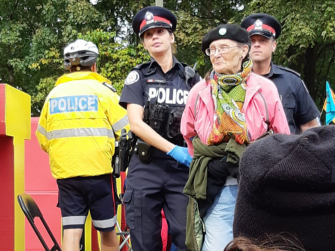 A protester blocking the Prince Edward Viaduct in Toronto is led away by police. (Photo: Aleysha Haniff)
