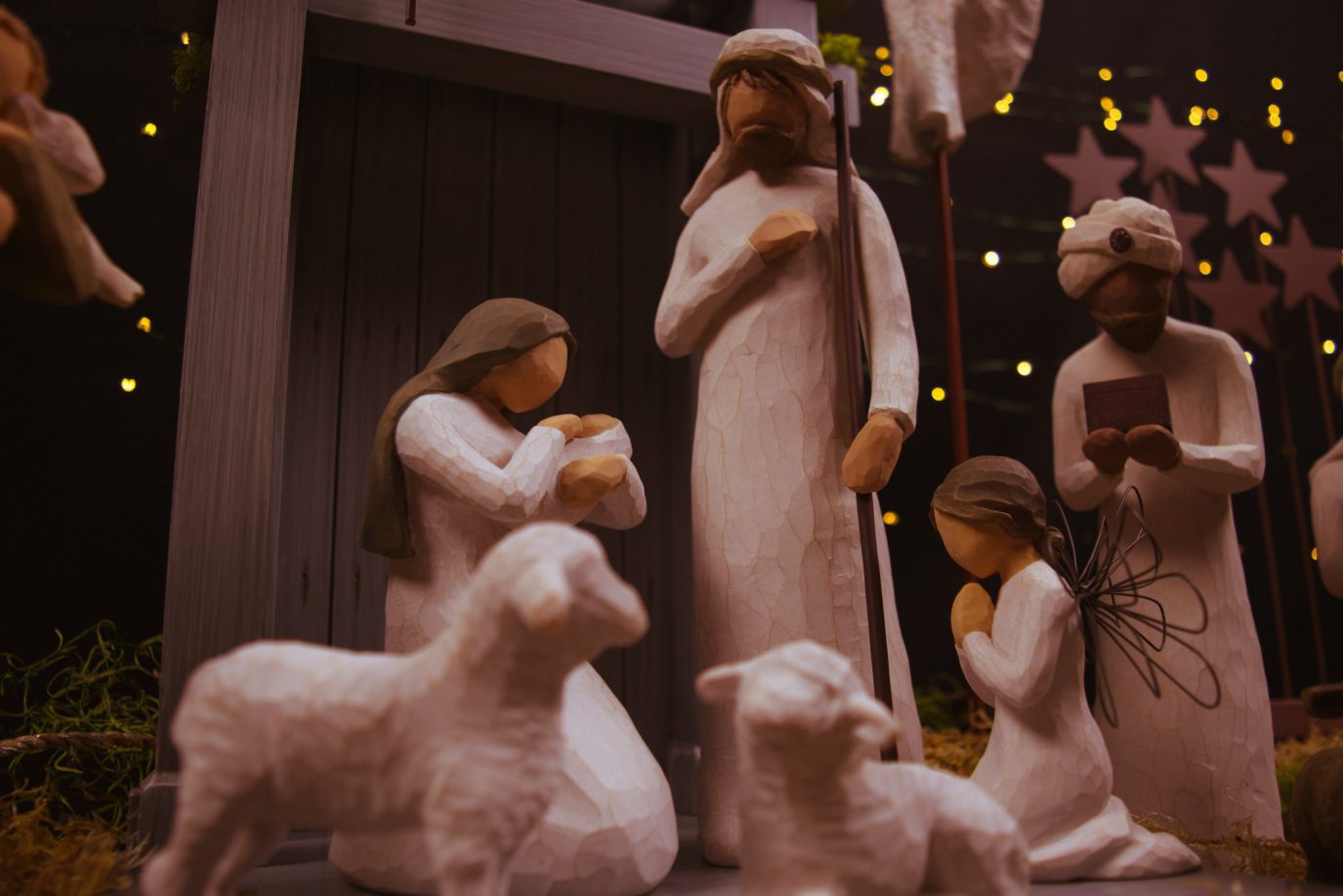 A nativity scene shows Jesus, Mary, Joseph