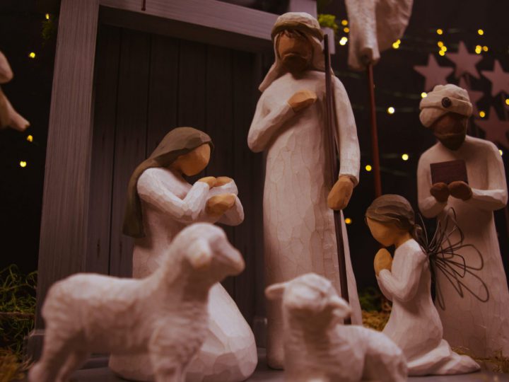 A nativity scene shows Jesus, Mary, Joseph