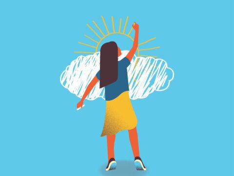 illustration of a child drawing sun and cloud on a blue background
