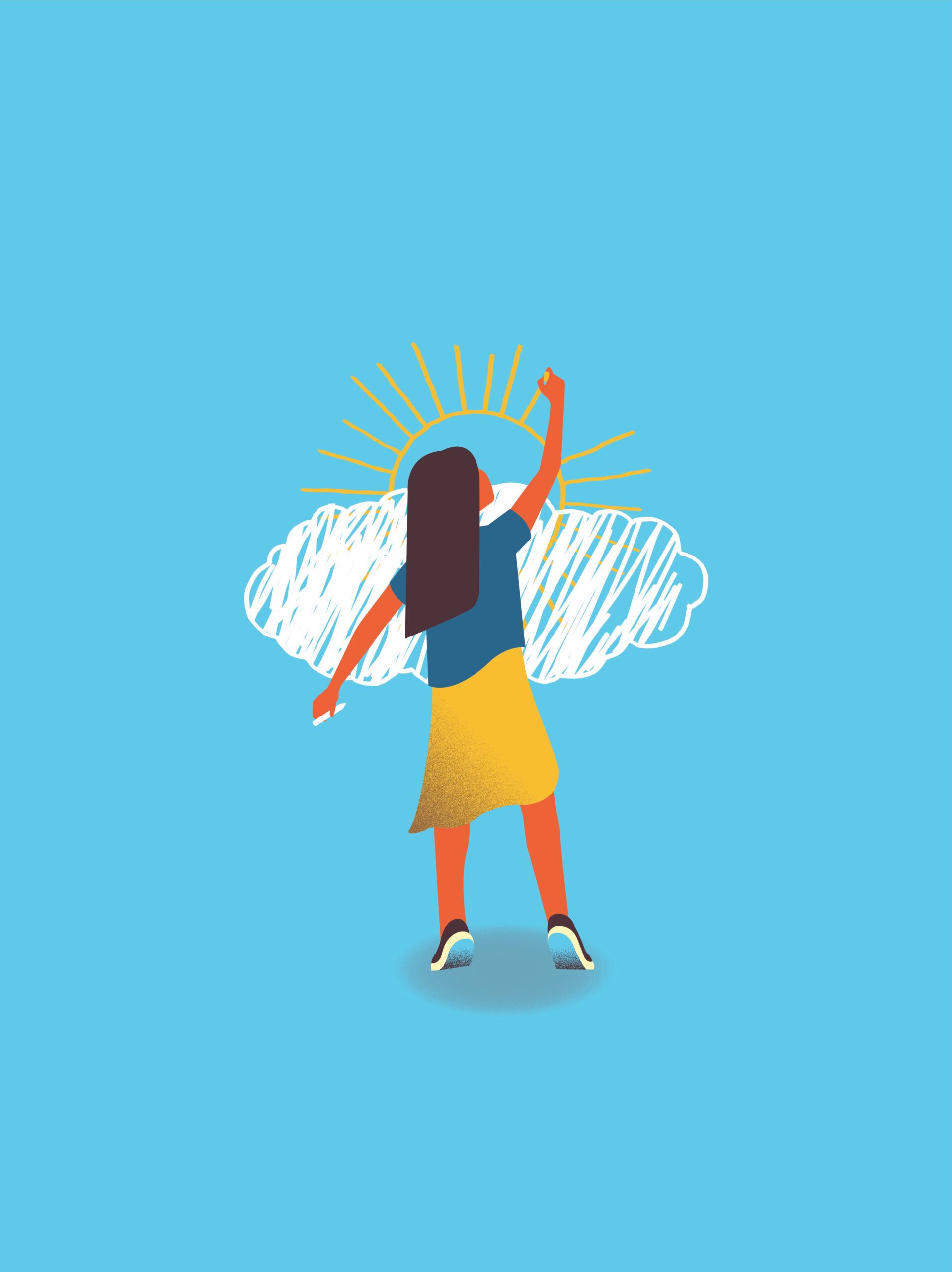 illustration of a child drawing sun and cloud on a blue background