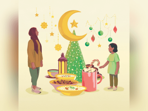 A parent in a head covering and child stand in front of a feast of food, a Christmas tree and a moon.