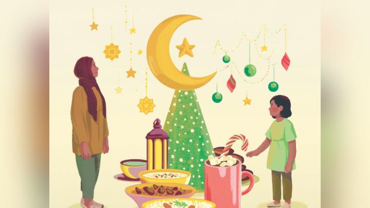 A parent in a head covering and child stand in front of a feast of food, a Christmas tree and a moon.