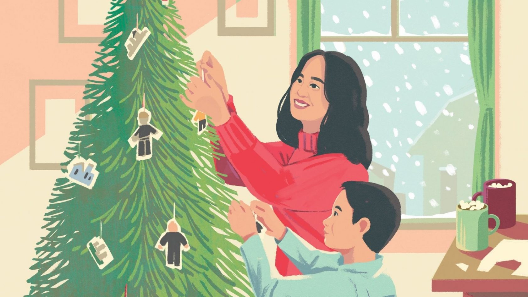 an illustration shows a young boy and older girl put ornaments on Christmas tree. Hot chocolate sits on a table nearby.
