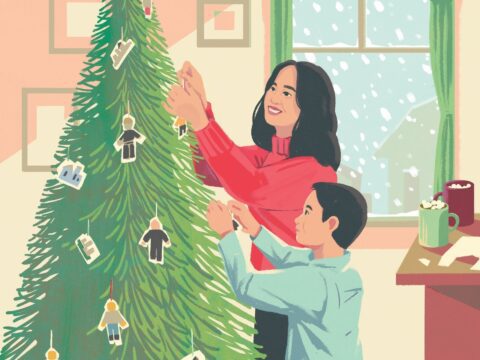 an illustration shows a young boy and older girl put ornaments on Christmas tree. Hot chocolate sits on a table nearby.