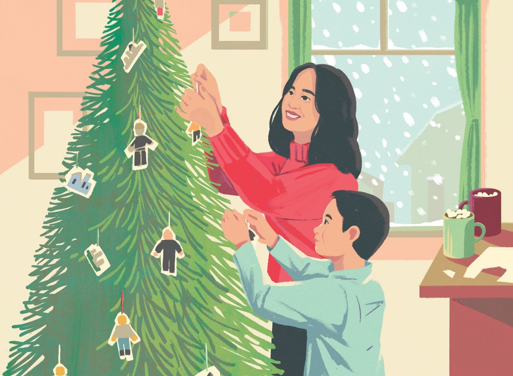 an illustration shows a young boy and older girl put ornaments on Christmas tree. Hot chocolate sits on a table nearby.