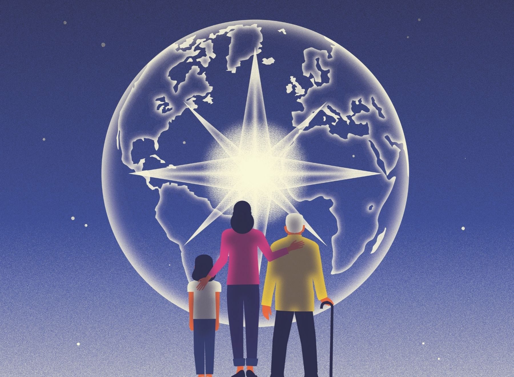 Three people, one child, one adult and one senior stand in front of an image of the earth with a bright star inside it.
