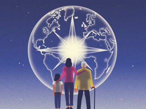 Three people, one child, one adult and one senior stand in front of an image of the earth with a bright star inside it.