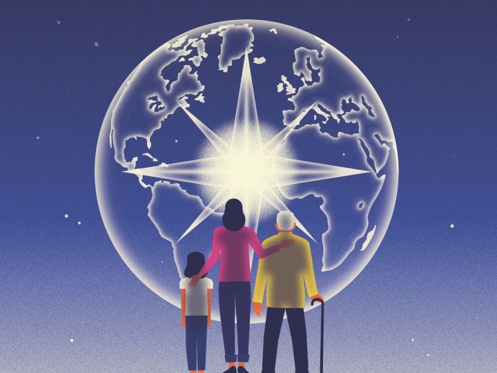 Three people, one child, one adult and one senior stand in front of an image of the earth with a bright star inside it.