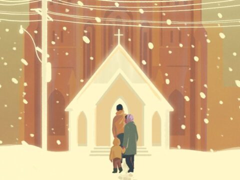 illustration: a family stands in front of a church. It is snowing.