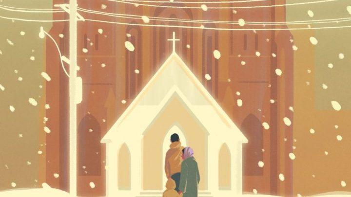 illustration: a family stands in front of a church. It is snowing.