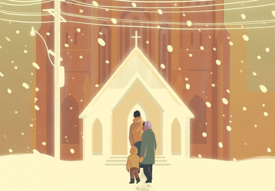 illustration: a family stands in front of a church. It is snowing.