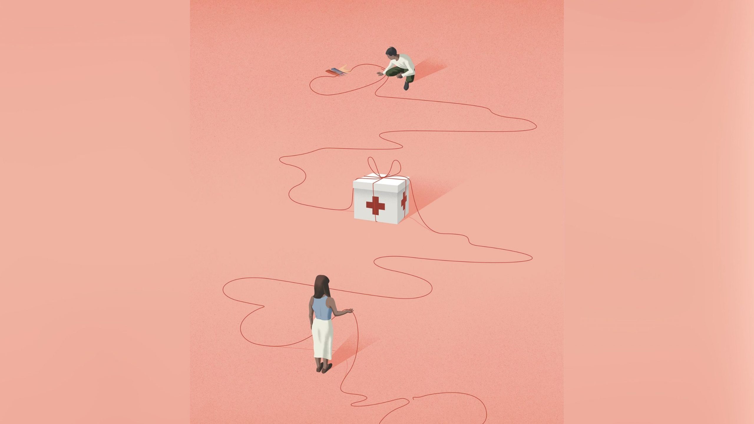 Illustration shows two people, both holding a string, with a gift-wrapped box in the middle of them with a red cross on it. The string is used as the box's gift wrap.