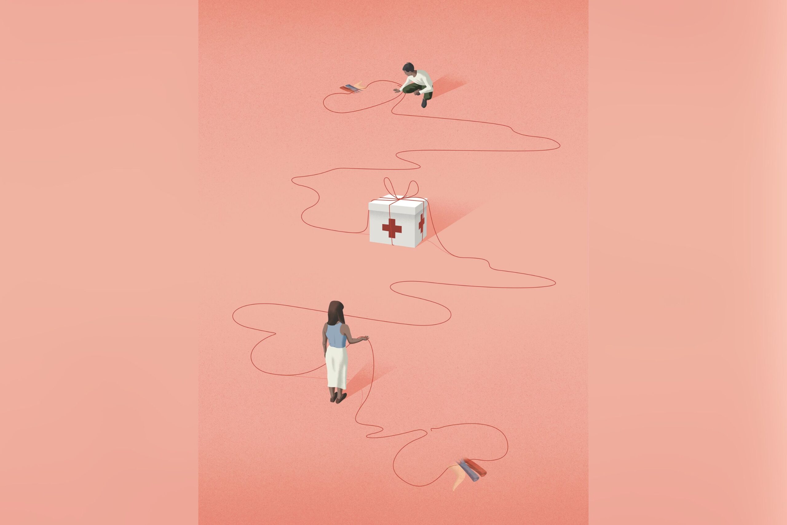 Illustration shows two people, both holding a string, with a gift-wrapped box in the middle of them with a red cross on it. The string is used as the box's gift wrap.