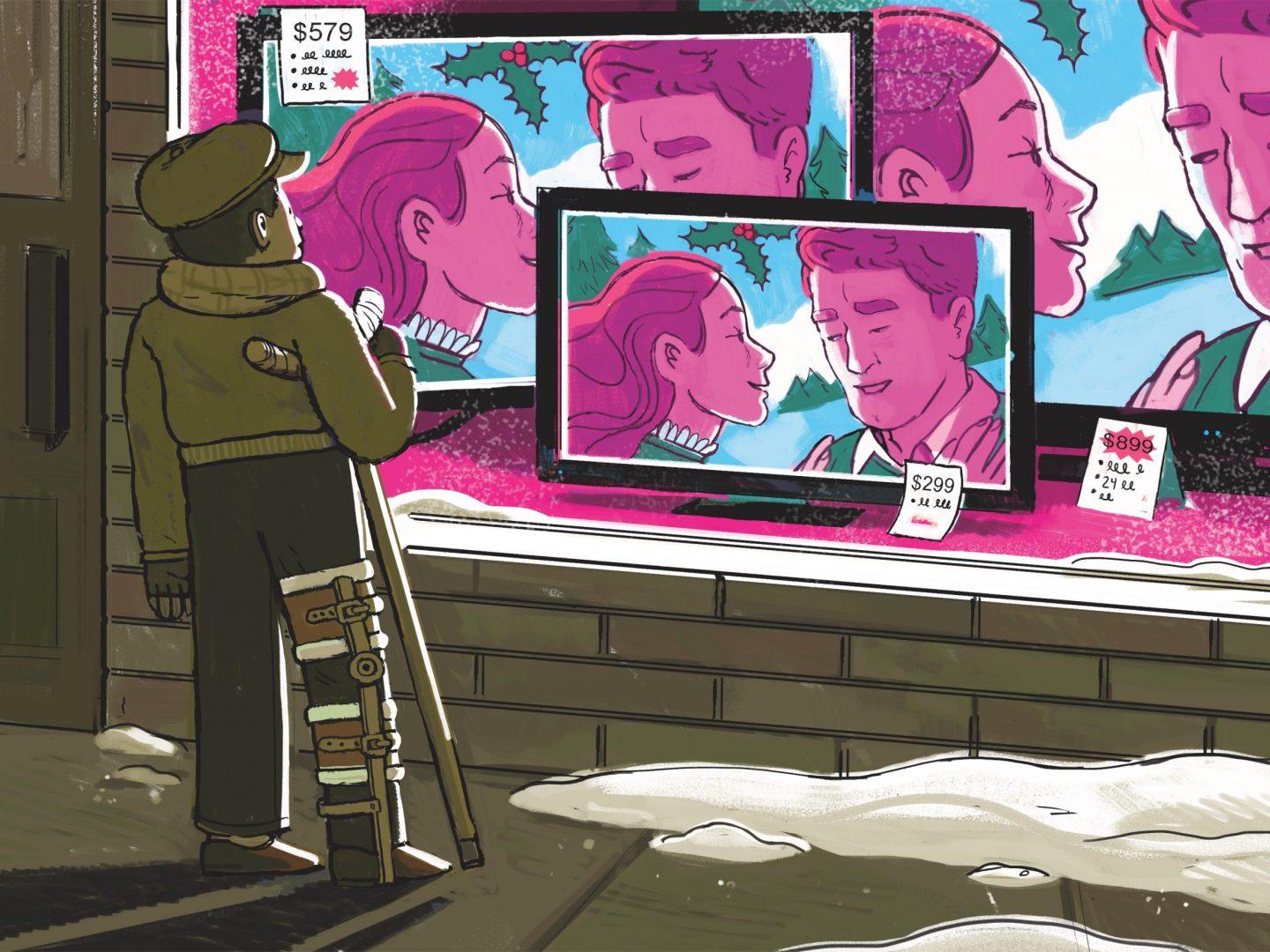 person with crutch (modeled after Tiny Tim from a Christmas Carol) stands in front of a window showing TVs with a romantic scene