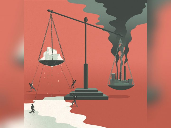 Illustration shows a scale — four people trying to pull down a chunk of ice weighting down one side while an image of a polluting city weighs down the other end of the scale.