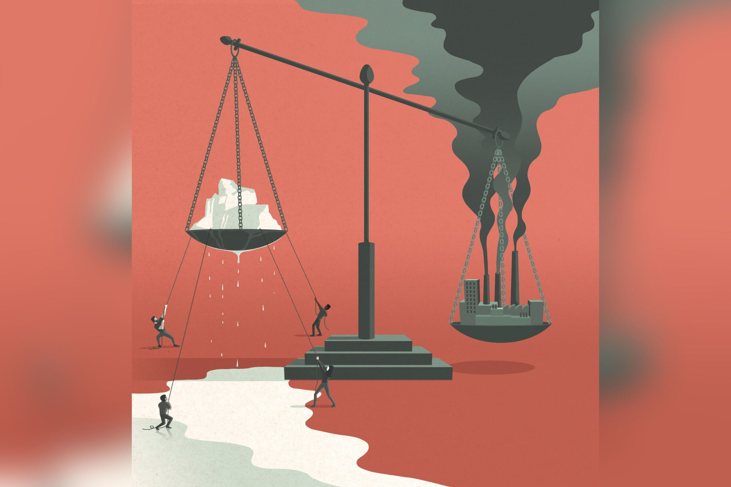 Illustration shows a scale — four people trying to pull down a chunk of ice weighting down one side while an image of a polluting city weighs down the other end of the scale.