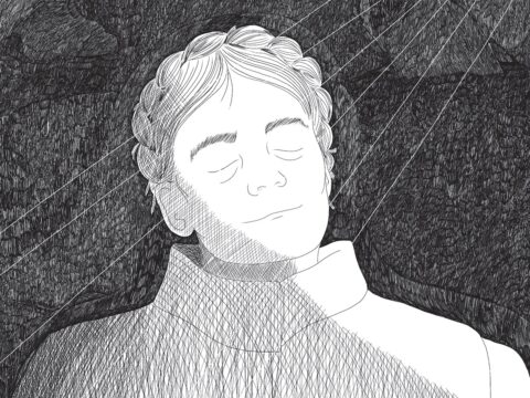 illustration shows person standing with eyes closed