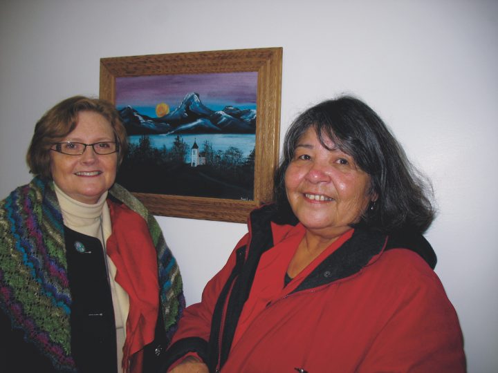 two women in front of painting