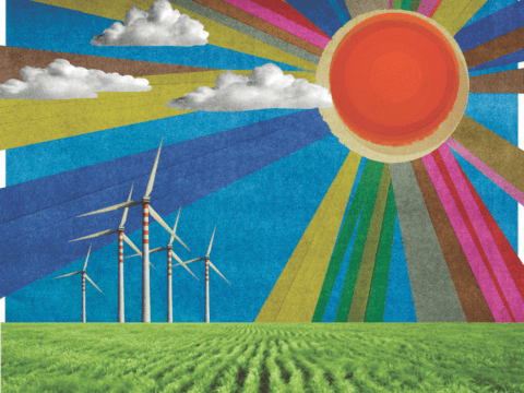 illustration of sun beaming over field with windmills