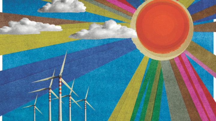 illustration of sun beaming over field with windmills