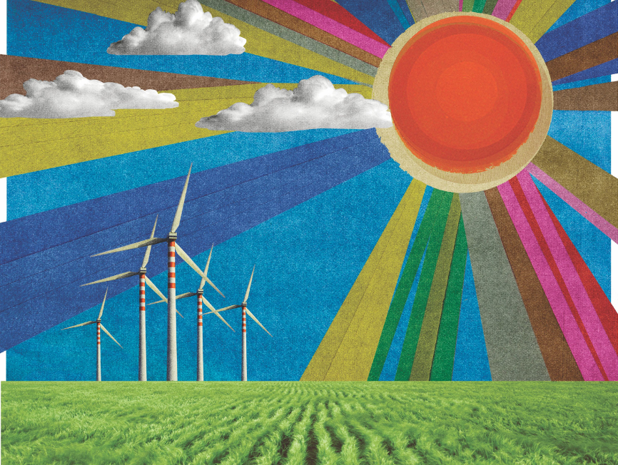 illustration of sun beaming over field with windmills