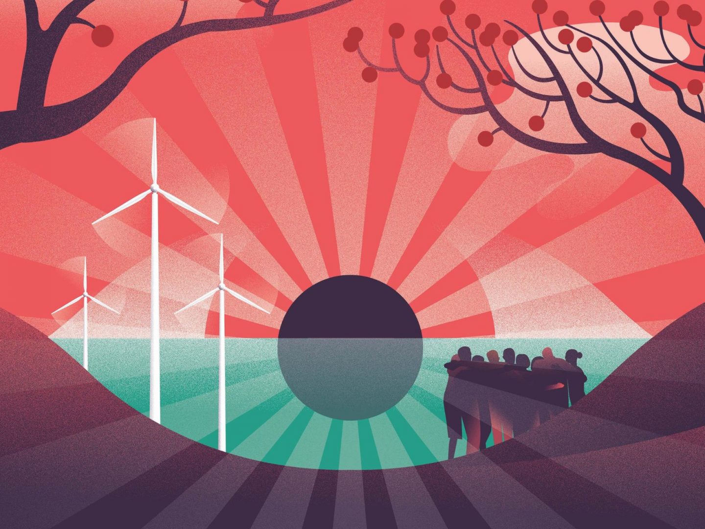 illustration shows a group of people hugging next to a design of a giant sun rising over the horizon, with trees in the background