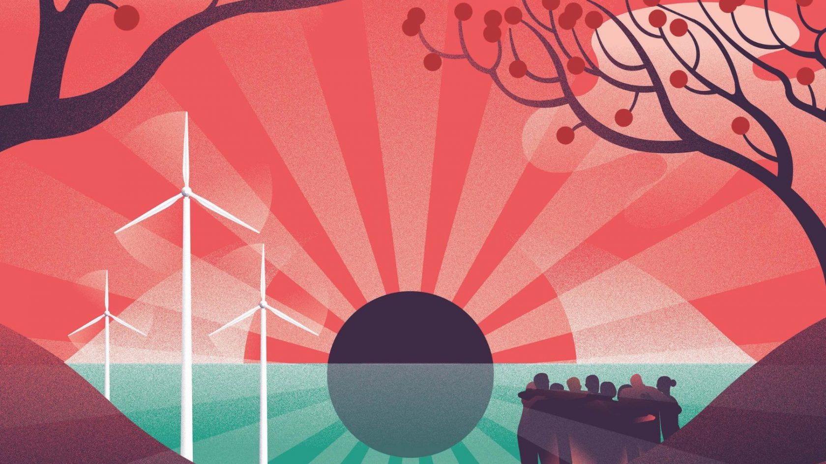 illustration shows a group of people hugging next to a design of a giant sun rising over the horizon, with trees in the background