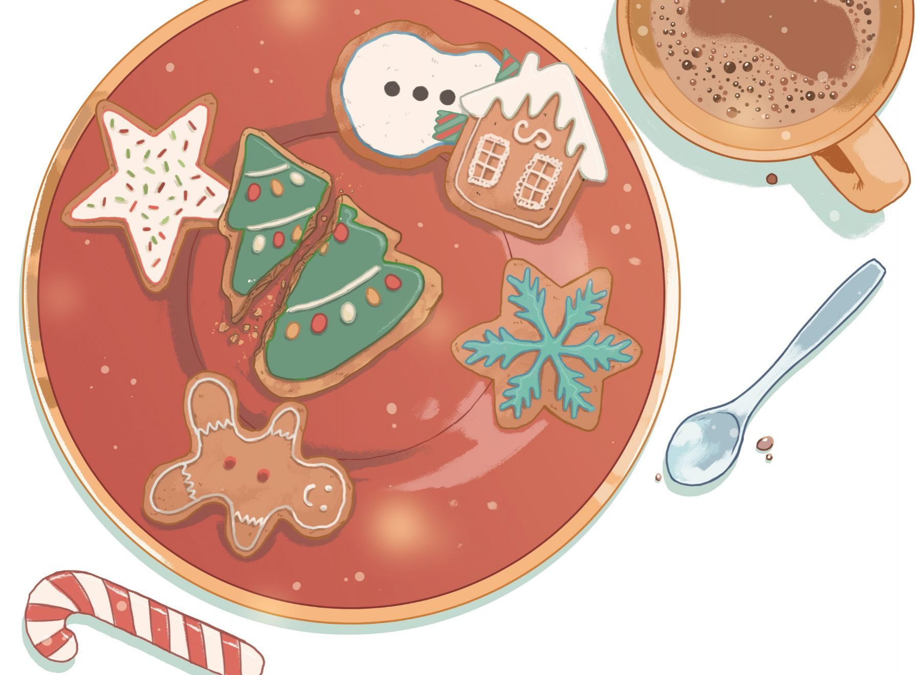 illustration shows Christmas cookies on plate next to candy cane and hot chocolate