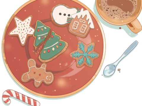 illustration shows Christmas cookies on plate next to candy cane and hot chocolate