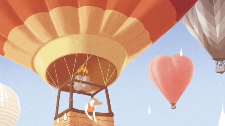 Illustration of woman riding hot air balloon
