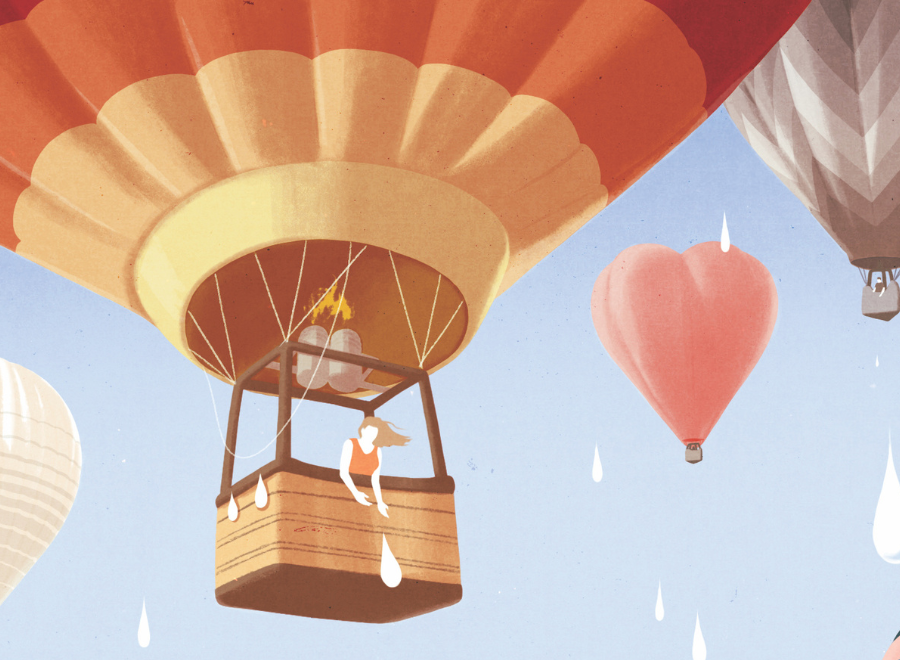 Illustration of woman riding hot air balloon