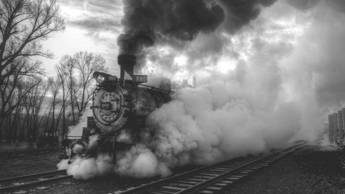 black and white photo of old steam engine