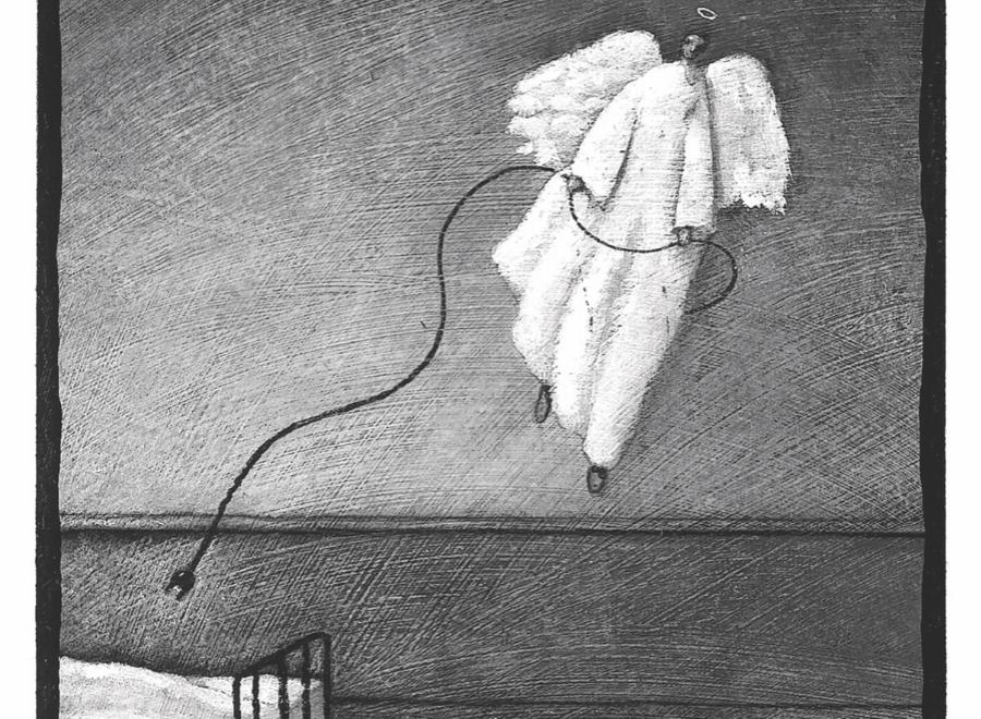 black and while illustration of angel pulling cord from hospital bead