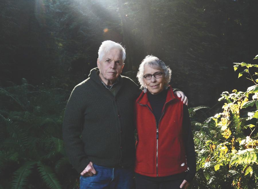 white-haired husband and wife in forest