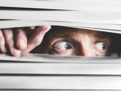 Person looking between slats of blind