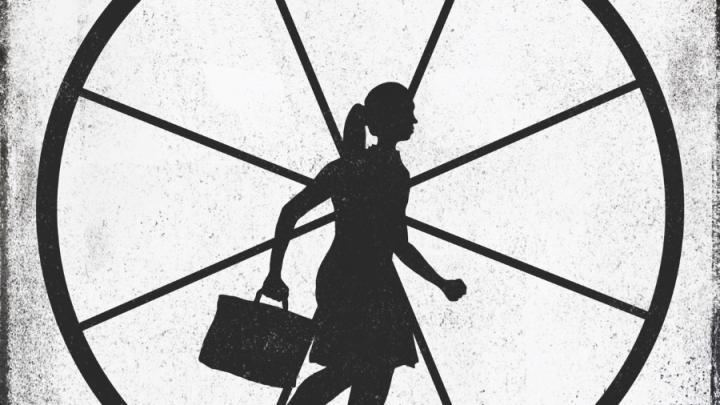 graphic of woman with briefcase on rodent wheel