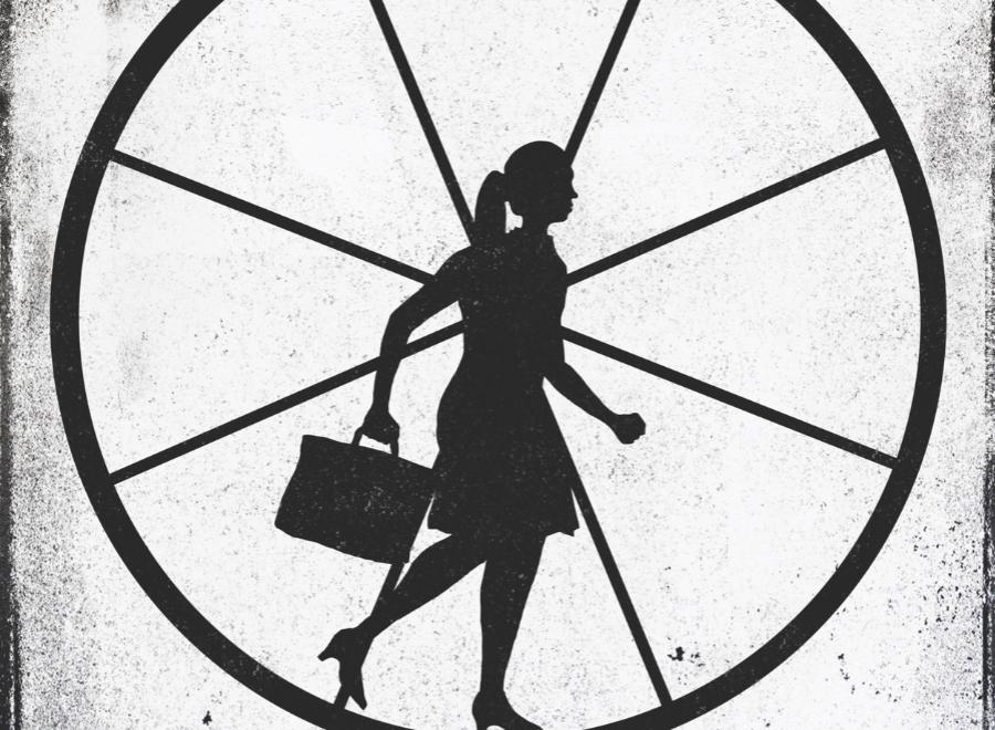graphic of woman with briefcase on rodent wheel