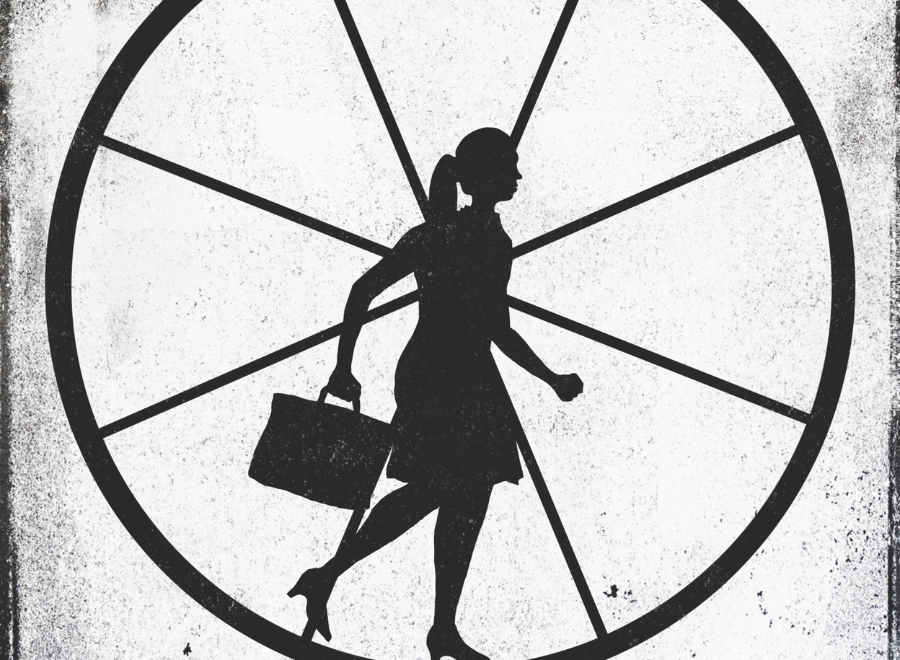 graphic of woman with briefcase on rodent wheel