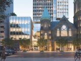 An artificially generated image shows a heritage church sanctuary next to a new office building. Behind the sanctuary is a condo tower.