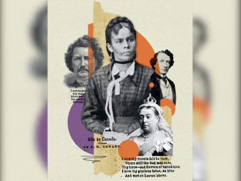 Archival photos show Louis Riel, Nahnebahnwequay, Queen Victoria and John A. Macdonald compiled into an illustration.
