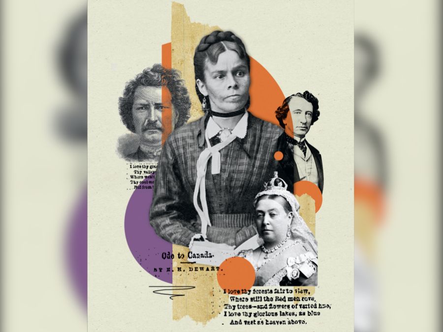 Archival photos show Louis Riel, Nahnebahnwequay, Queen Victoria and John A. Macdonald compiled into an illustration.