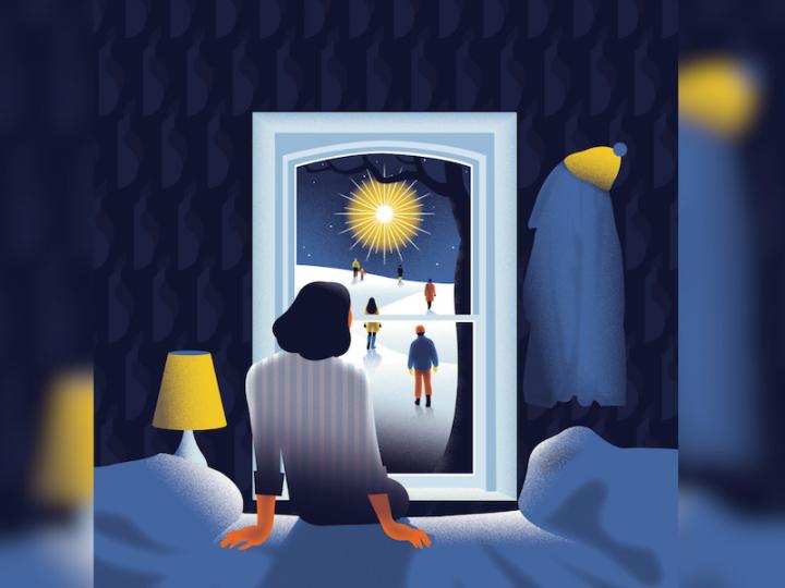 Illustration of woman sitting on bed, facing the window. Outside there are people walking towards a bright yellow star. The rest of the image is in tones of blue and white.