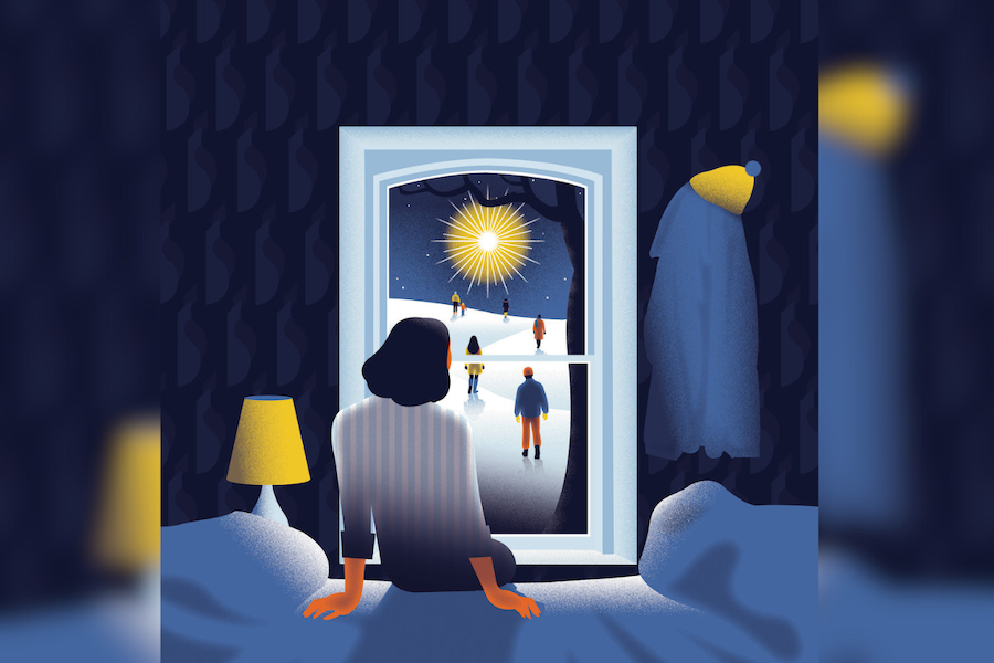Illustration of woman sitting on bed, facing the window. Outside there are people walking towards a bright yellow star. The rest of the image is in tones of blue and white.