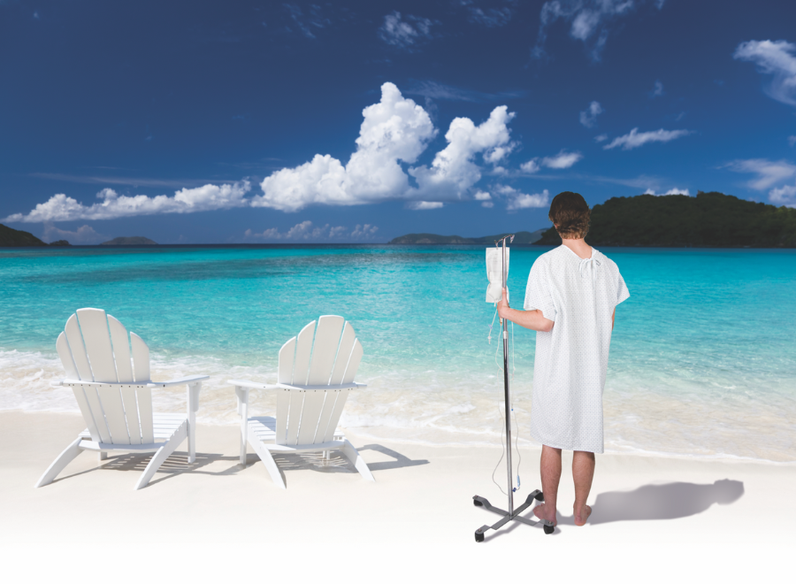 Photo illustration of patient in hospital gown on beach