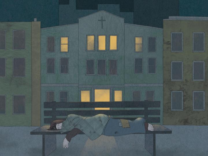 Illustration of homeless person sleeping on bench outside a church